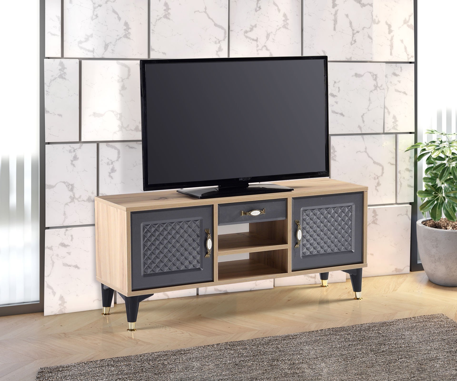 Levent Tvu.0010-245, Baklava Tv Sehpası 120 Cm Keçe Antrasit