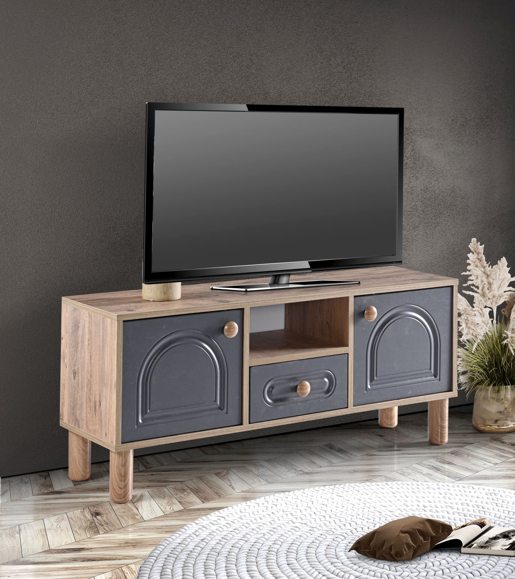 Levent Tvu.0015-285, Aslan Bohem 120 Cm Tv Sehpası Atlantik Çam Antrasit