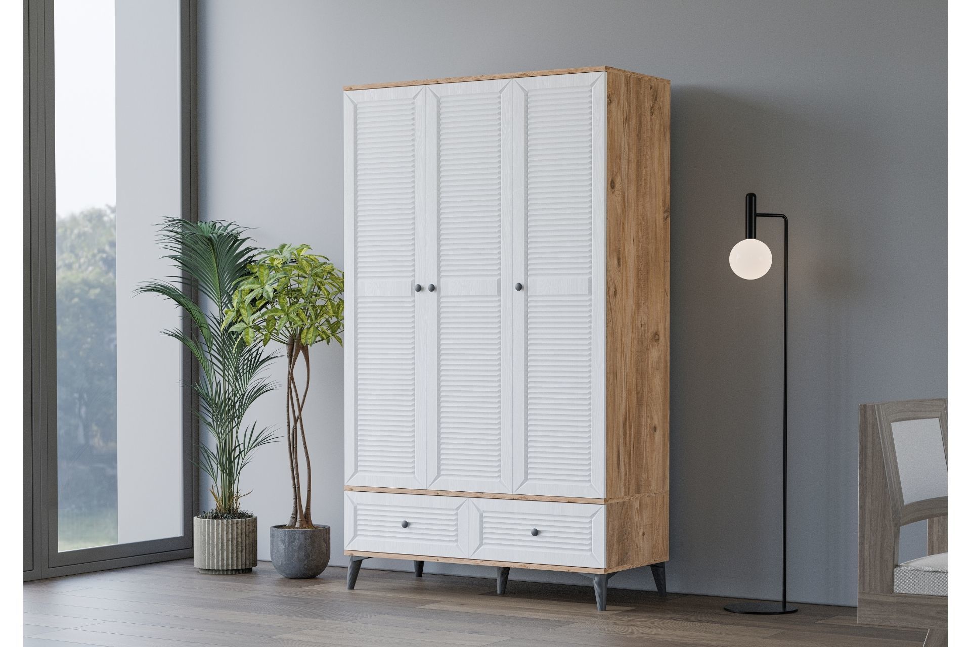 Levent Dlp.0026-283, Carina Naz 3 Kapılı 2 Çekmeceli Dolap Atlantik Çam Beyaz