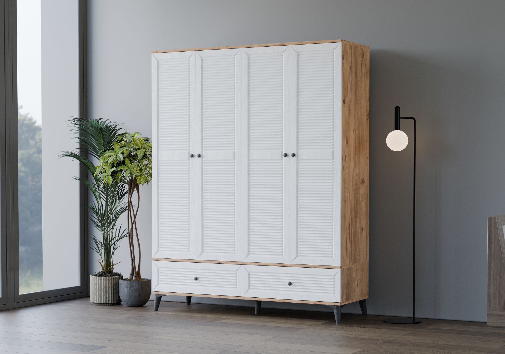 Levent Dlp.0027-283, Carina Naz 4 Kapılı 2 Çekmeceli Dolap Atlantik Çam Beyaz