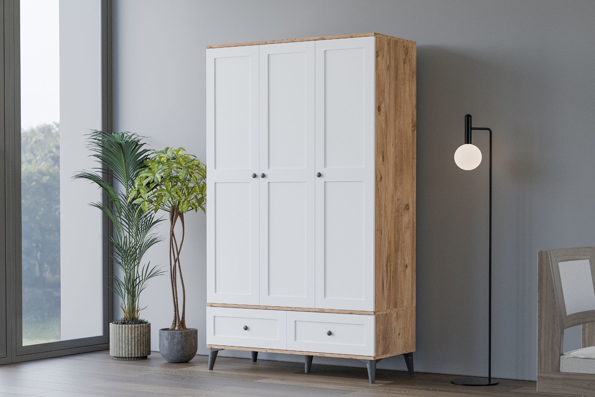 Levent Dlp.0028-283, Carina Vintage 3 Kapılı 2 Çekmeceli Dolap Atlantik Çam Beyaz