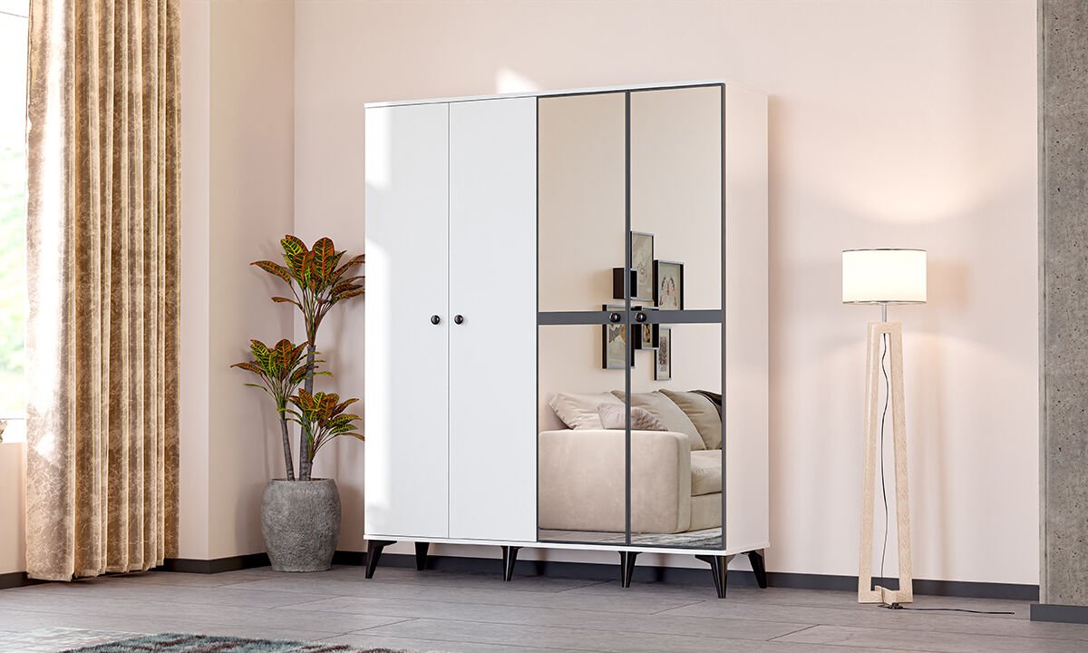 Levent Dlp.0004-218, Tire 4 Kapılı Dolap Beyaz Siyah