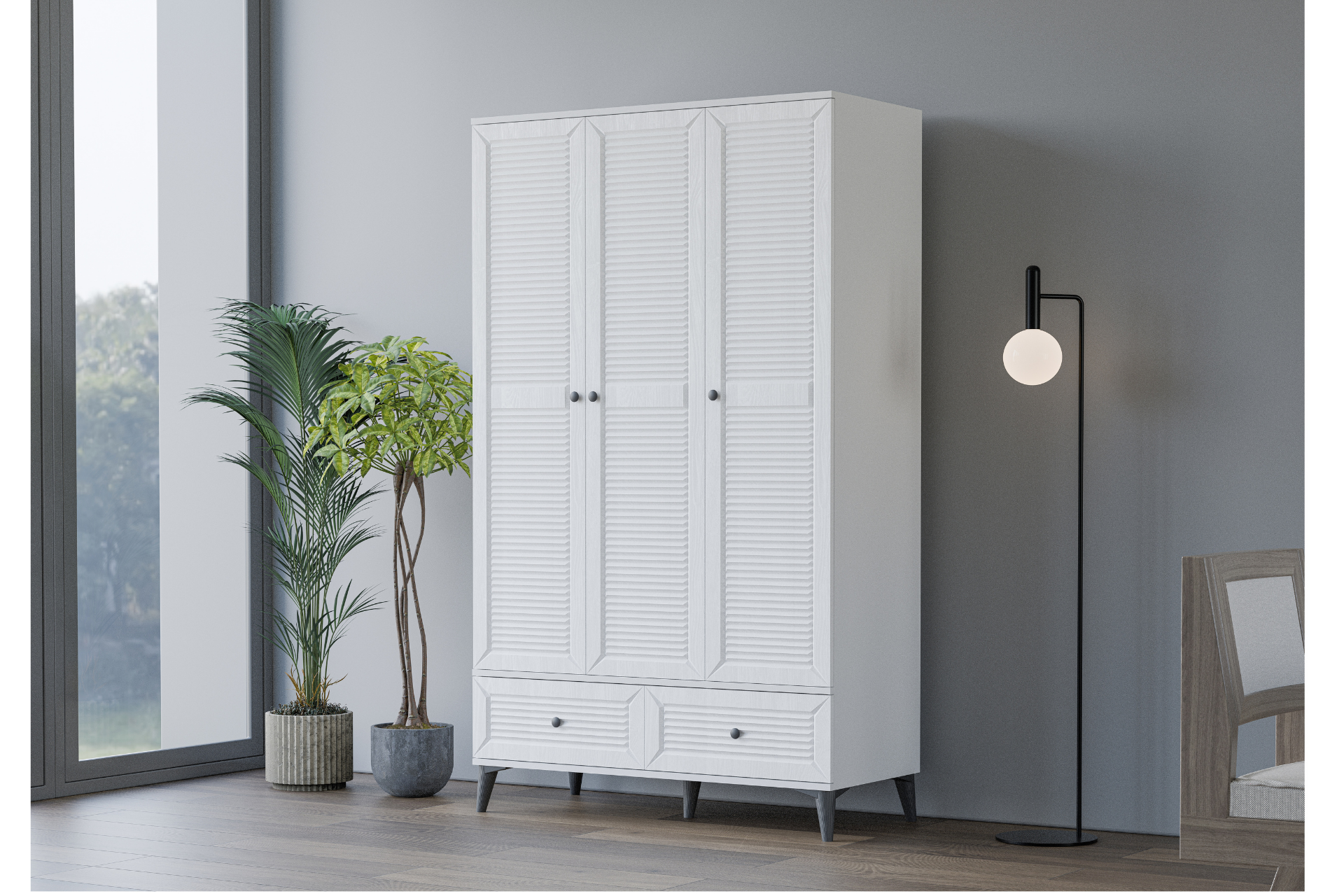 Levent Dlp.0026-203, Carina Naz 3 Kapılı 2 Çekmeceli Dolap Beyaz