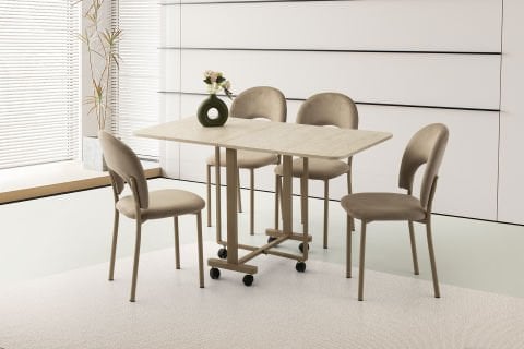 Levent Msa.0079-708, Katlanır Metal Tekerlekli Ayak Masa Traverten Capuccino