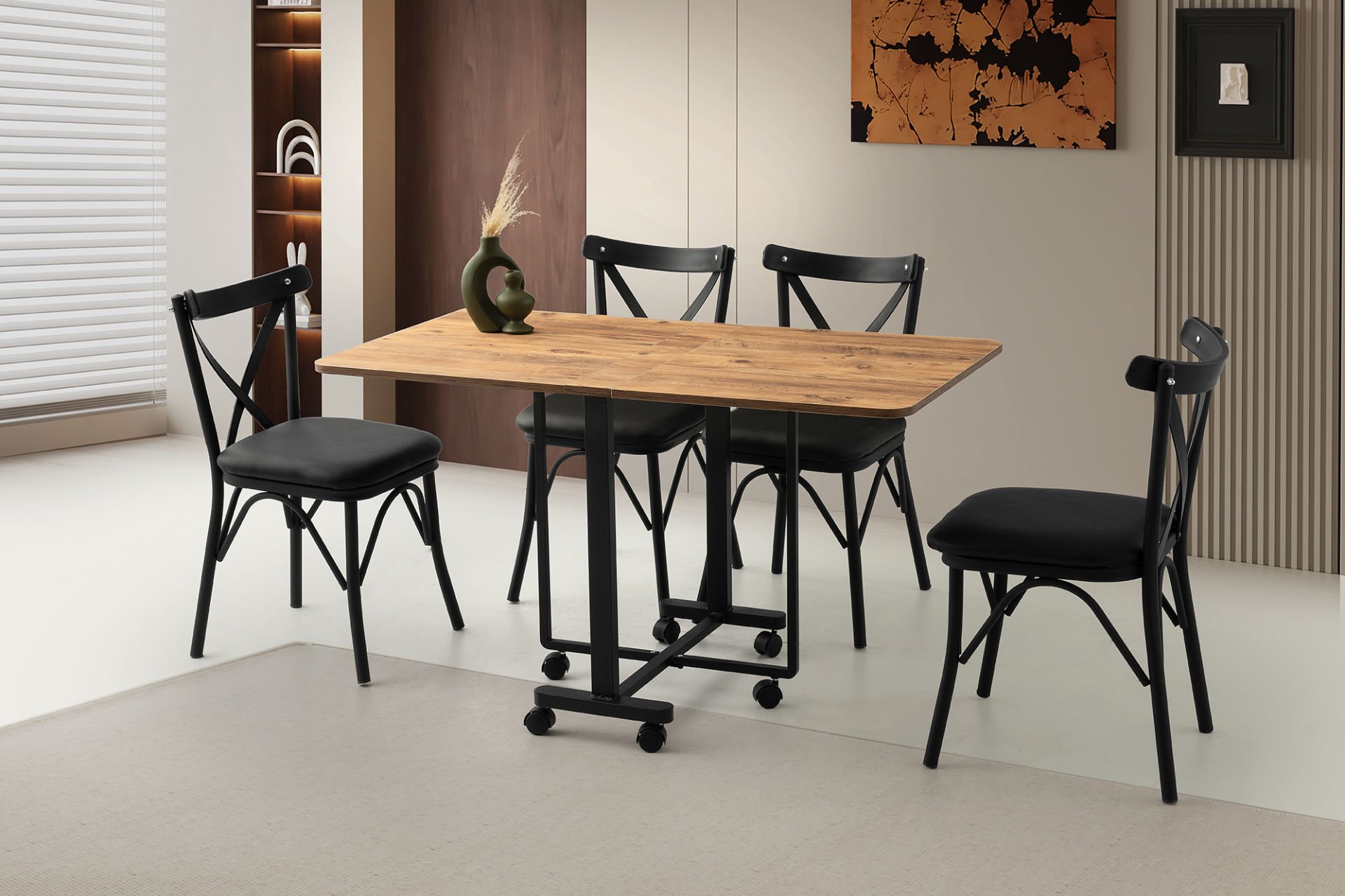 Levent Msa.0079-458, Katlanır Metal Tekerlekli Ayak Masa Atlantik Çam Siyah