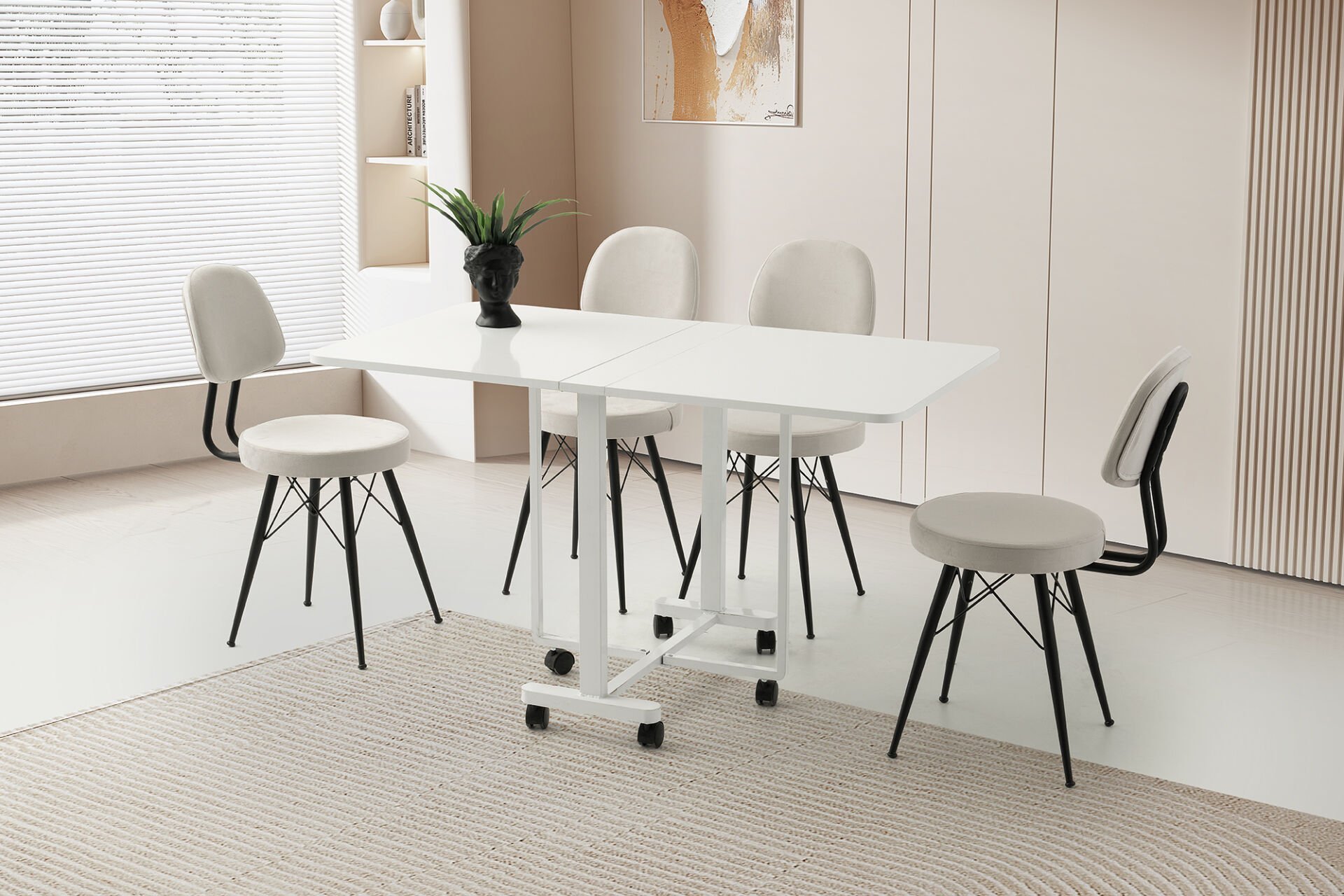 Levent Msa.0079-433, Katlanır Metal Tekerlekli Ayak Masa Beyaz  Siyah