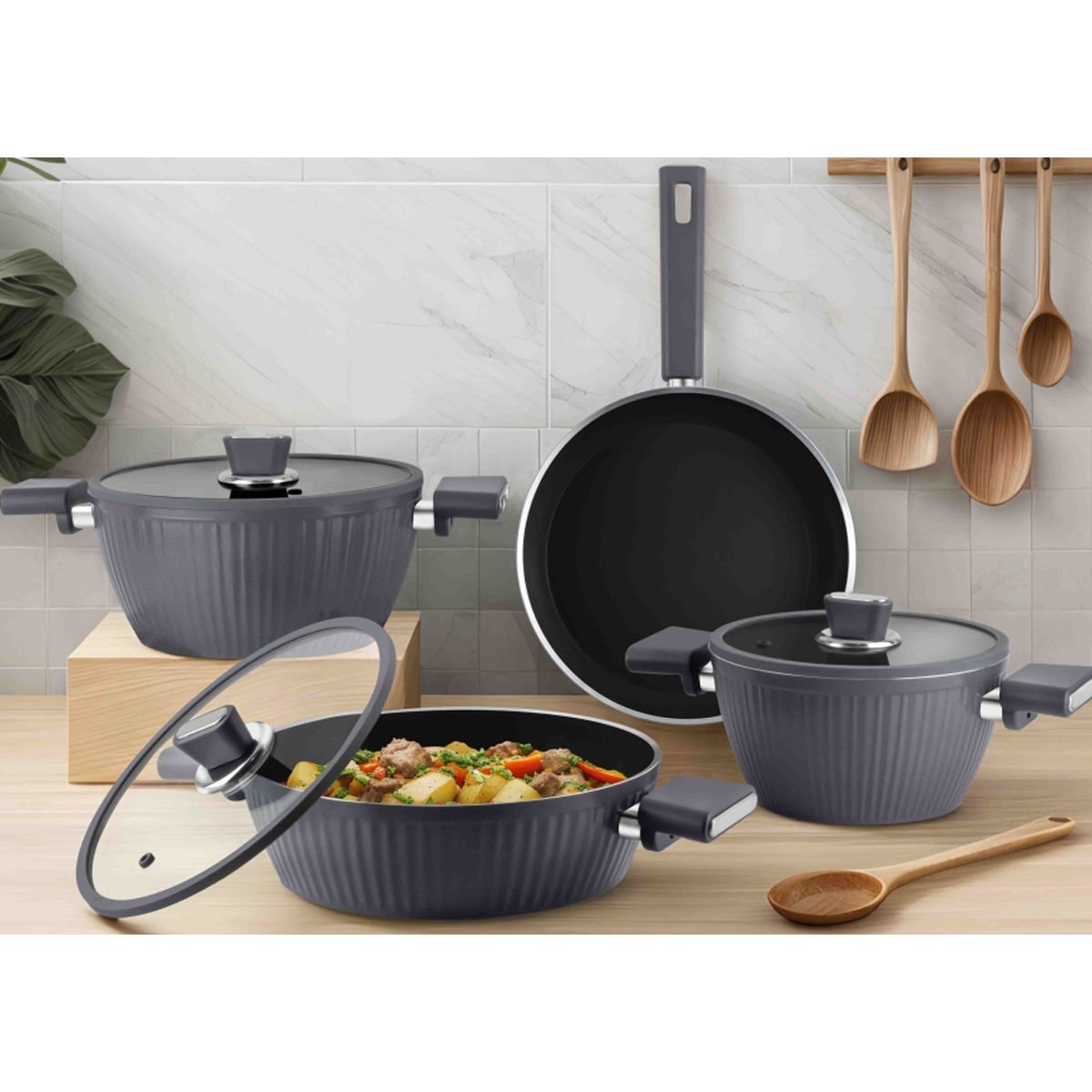 Arow Giallo Nonstick Aluminum 7 Parça Set DC2.TR-4458-Gri