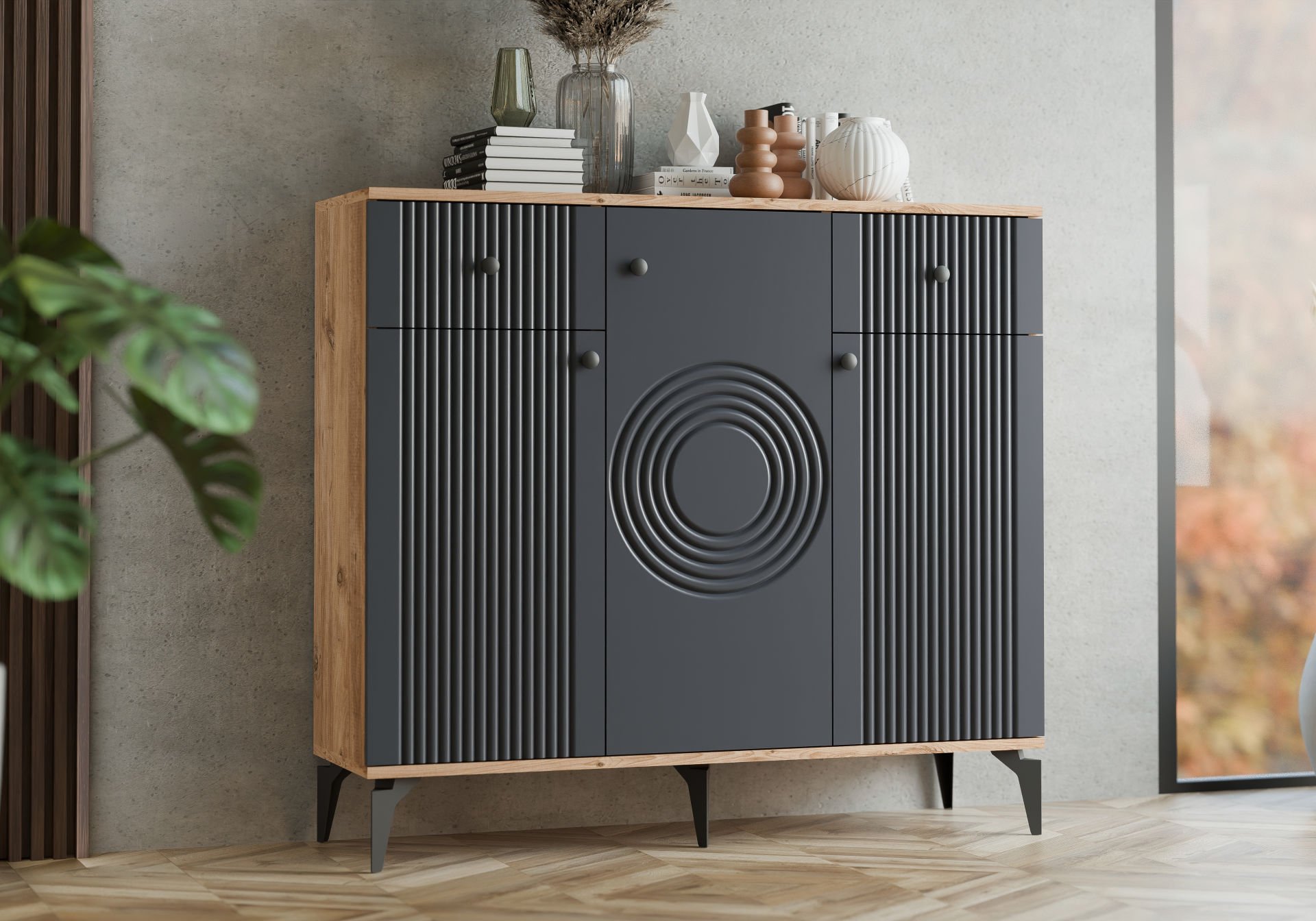 Levent Ayk.0007-285, Karya 3 Kapılı 2 Çekmeceli Ayakkabılık Atlantik Çam Antrasit