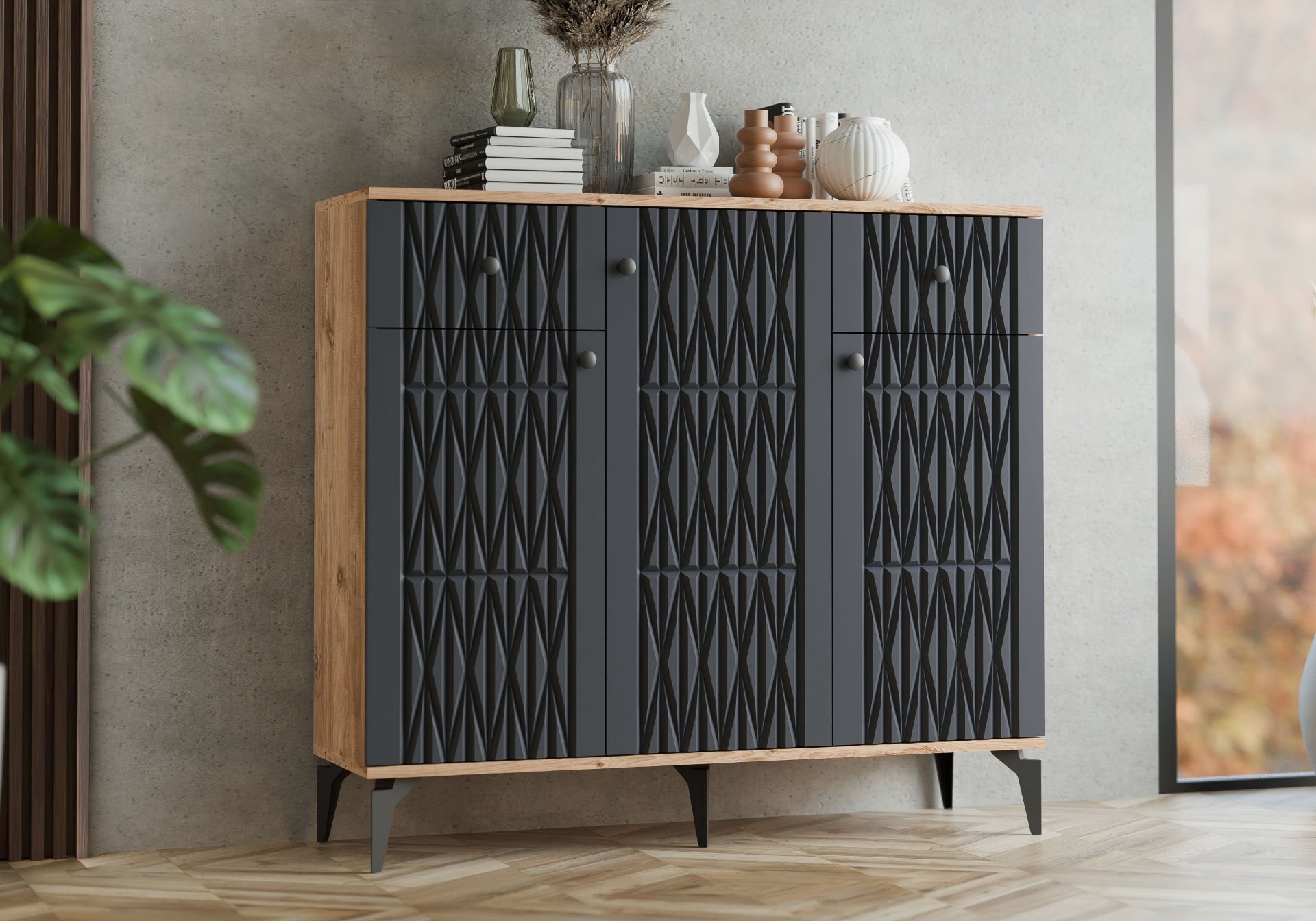 Levent Ayk.0008-285, Yıldız 3 Kapılı 2 Çekmeceli Ayakkabılık Atlantik Çam Antrasi