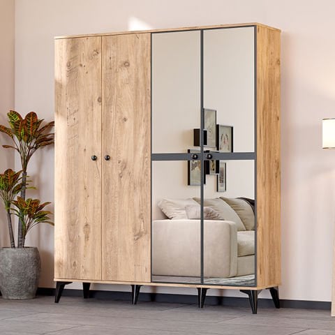 Levent Dlp.0004-240 Tire 4 Kapılı Dolap Atlantik Çam Siyah