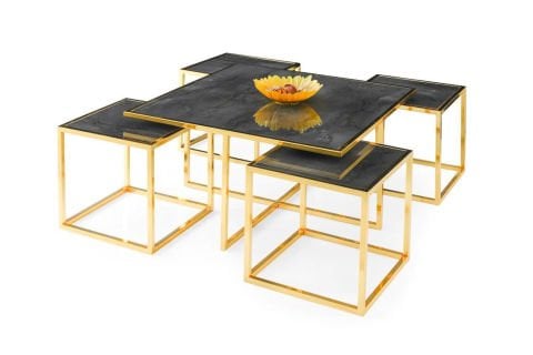 Levent Ort.0005-459, 9003 Kare Pizza Yavrulu Orta Sehpa H.Glass İrony Gold