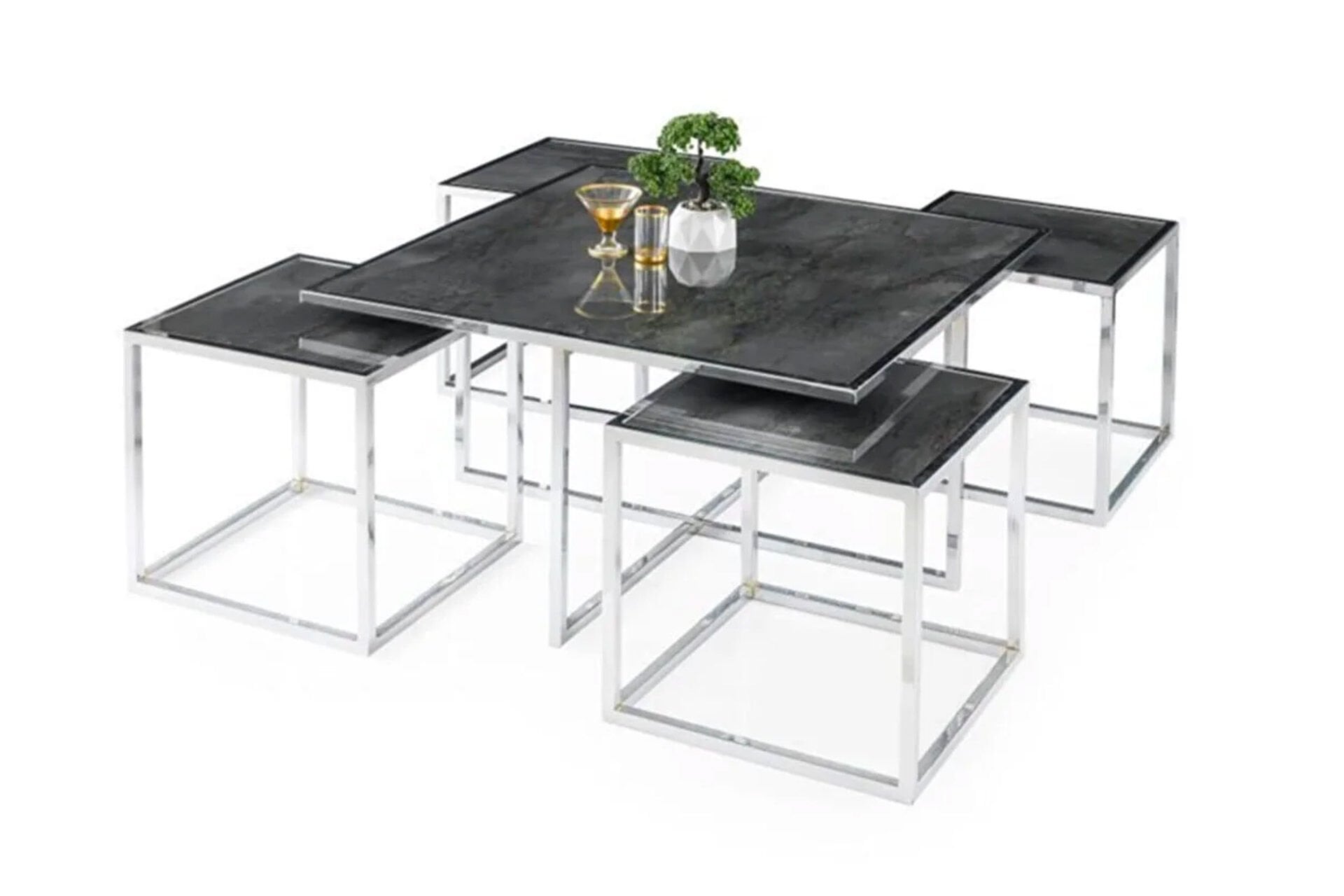 Levent Ort.0005-460, 9003 Kare Pizza Yavrulu Orta Sehpa H.Glass İrony Krom