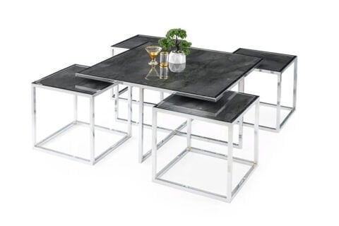 Levent Ort.0005-460, 9003 Kare Pizza Yavrulu Orta Sehpa H.Glass İrony Krom