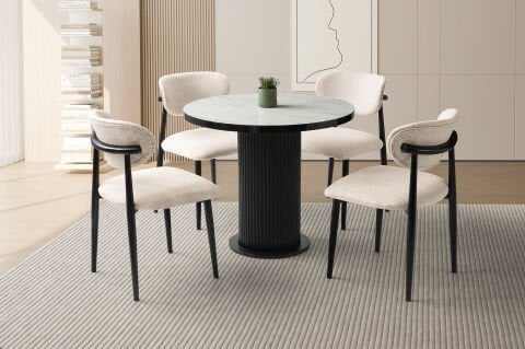 Levent Mtk.0248-255, Yuvarlak Ptt Ayak 100x100 Masa + Sn0091 Polo Sand Marmo Siyah