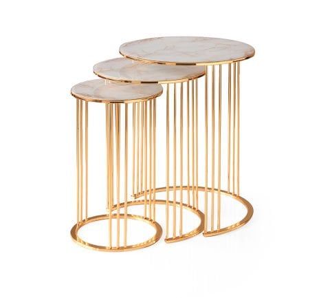 Levent Zgn.0012-404, 9013 Bared Yuvarlak Zigon Sehpa Beyaz Mermer Cam Gold Ayak