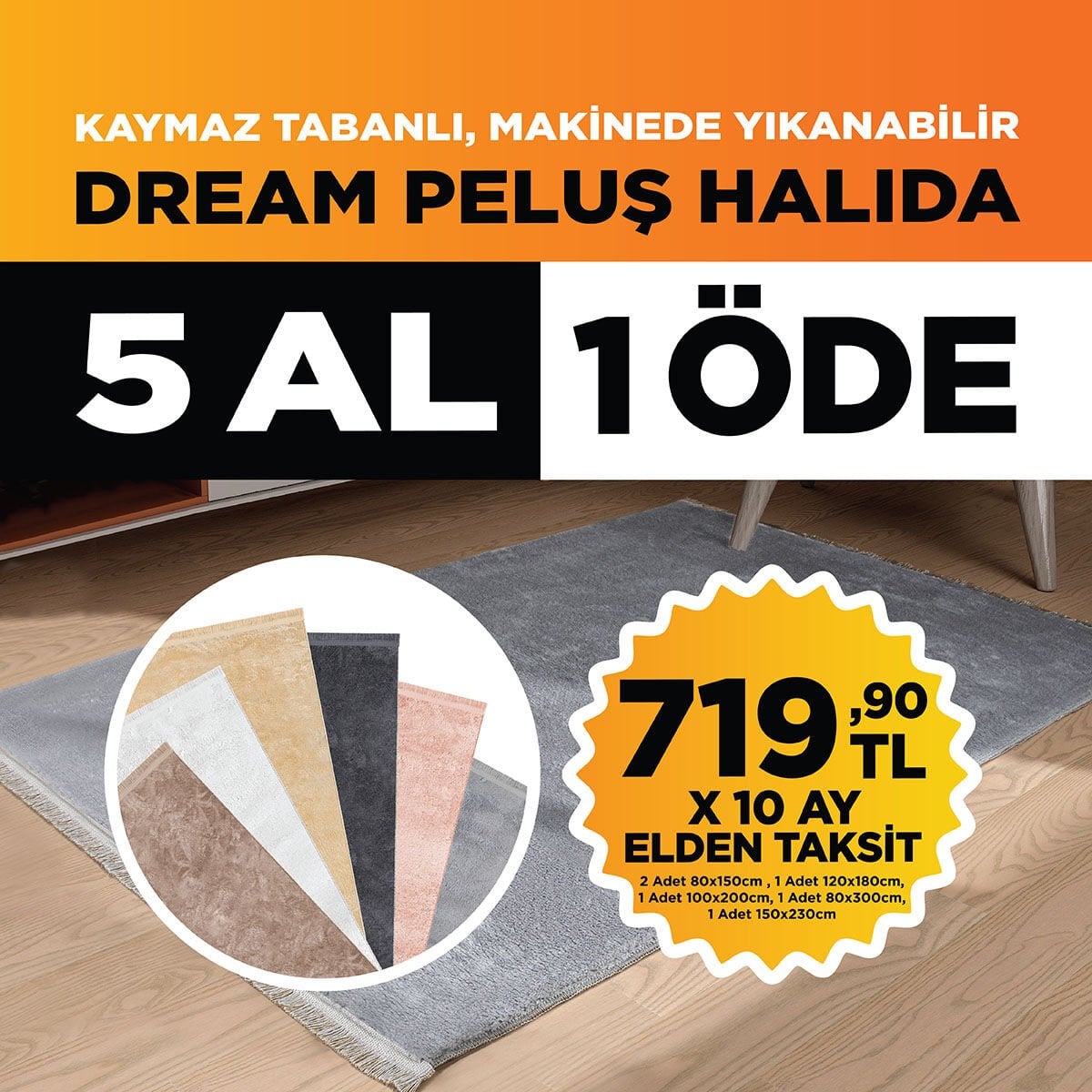 Dream Yumuşak Tüylü Kaymaz Tabanlı Halı 5 Al 1 Öde