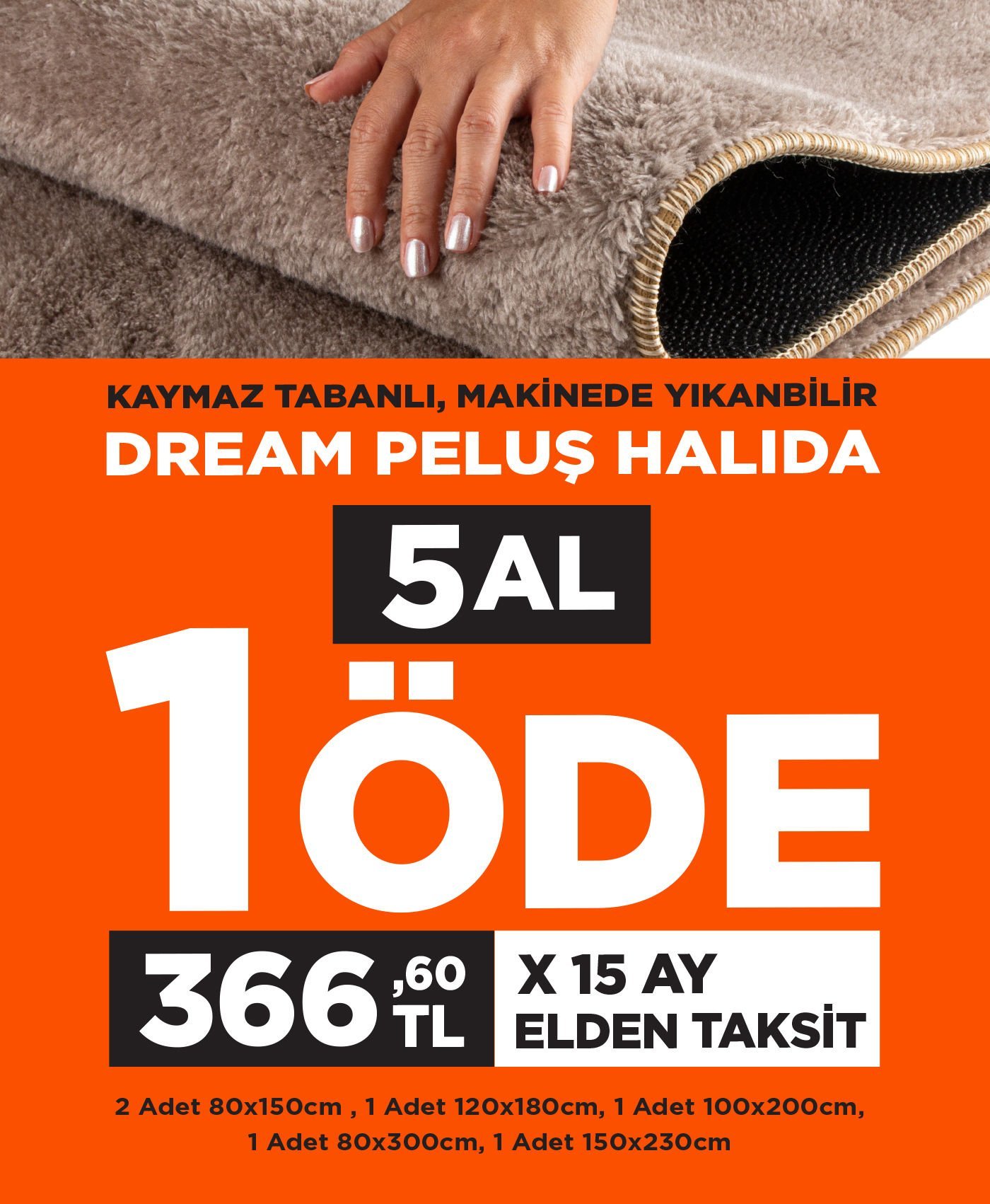 Dream Yumuşak Tüylü Kaymaz Tabanlı Halı 5 Al 1 Öde