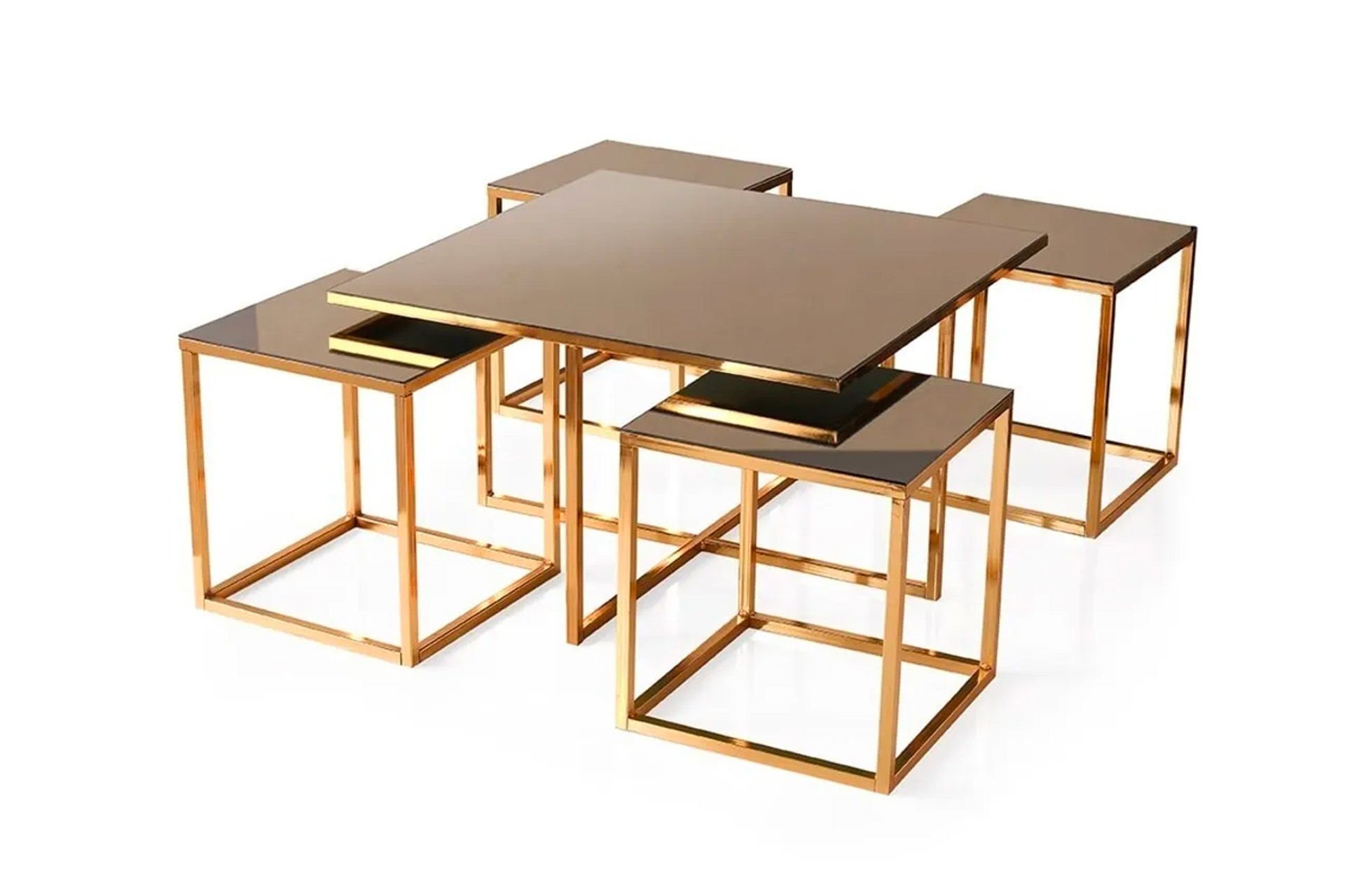Levent ORT.0005-401, 9003 Kare Pizza Yavrulu Orta Sehpa Bronz Cam Gold Ayak