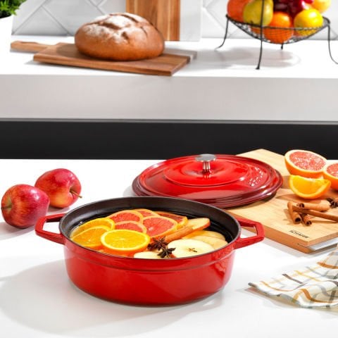 Schafer Guss Chef Döküm Basık Tencere 26cm-2 Parça-Kırmızı