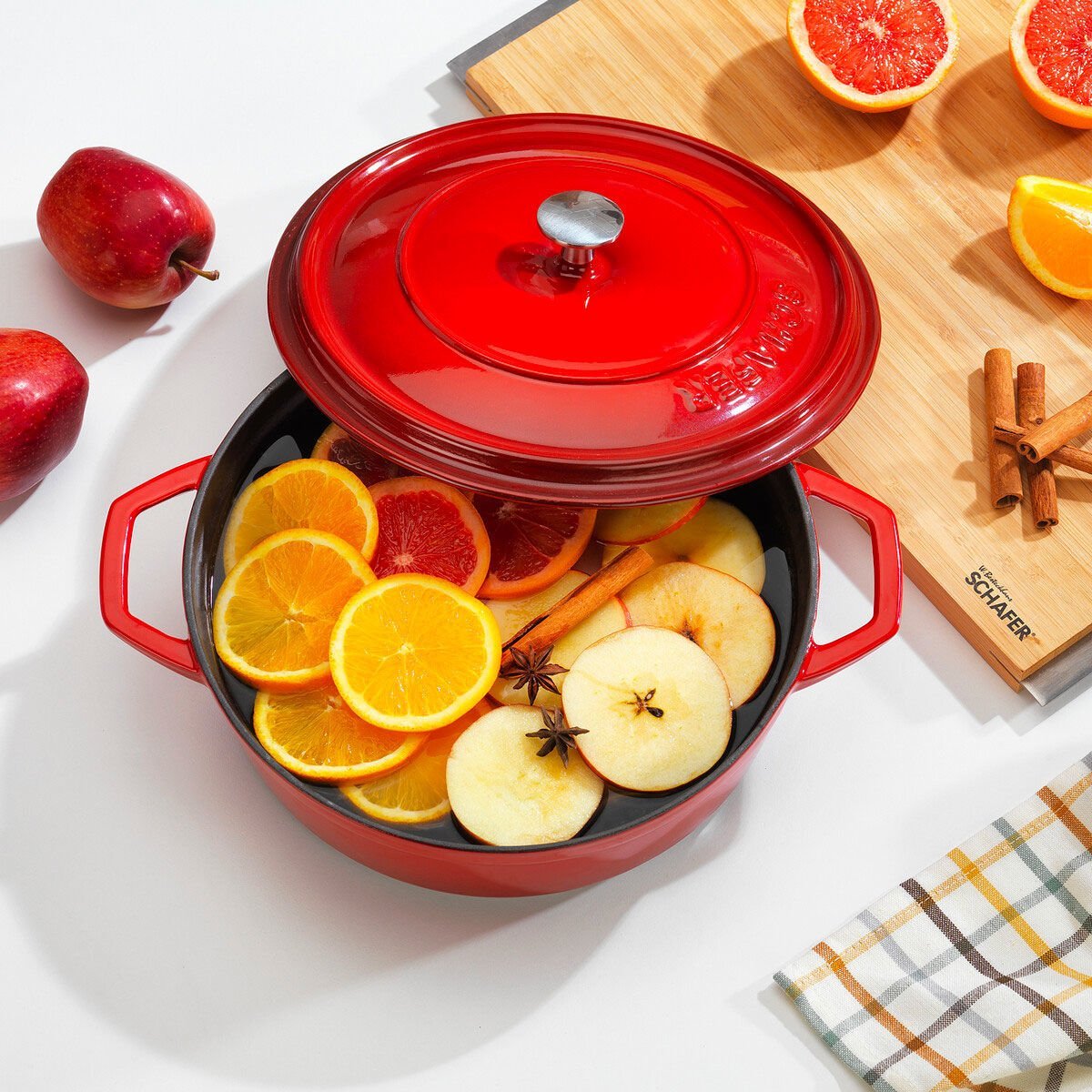 Schafer Guss Chef Döküm Basık Tencere 26cm-2 Parça-Kırmızı