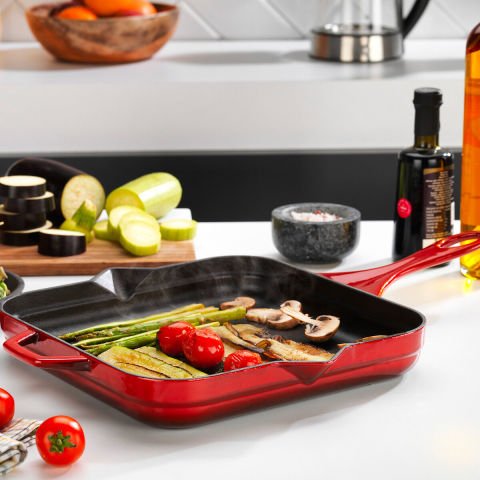 Schafer Guss Chef Döküm Kare Grill Tava Yardımcı Kulplu 28x28cm-1 Parça-Kırmızı