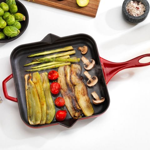 Schafer Guss Chef Döküm Kare Grill Tava Yardımcı Kulplu 28x28cm-1 Parça-Kırmızı