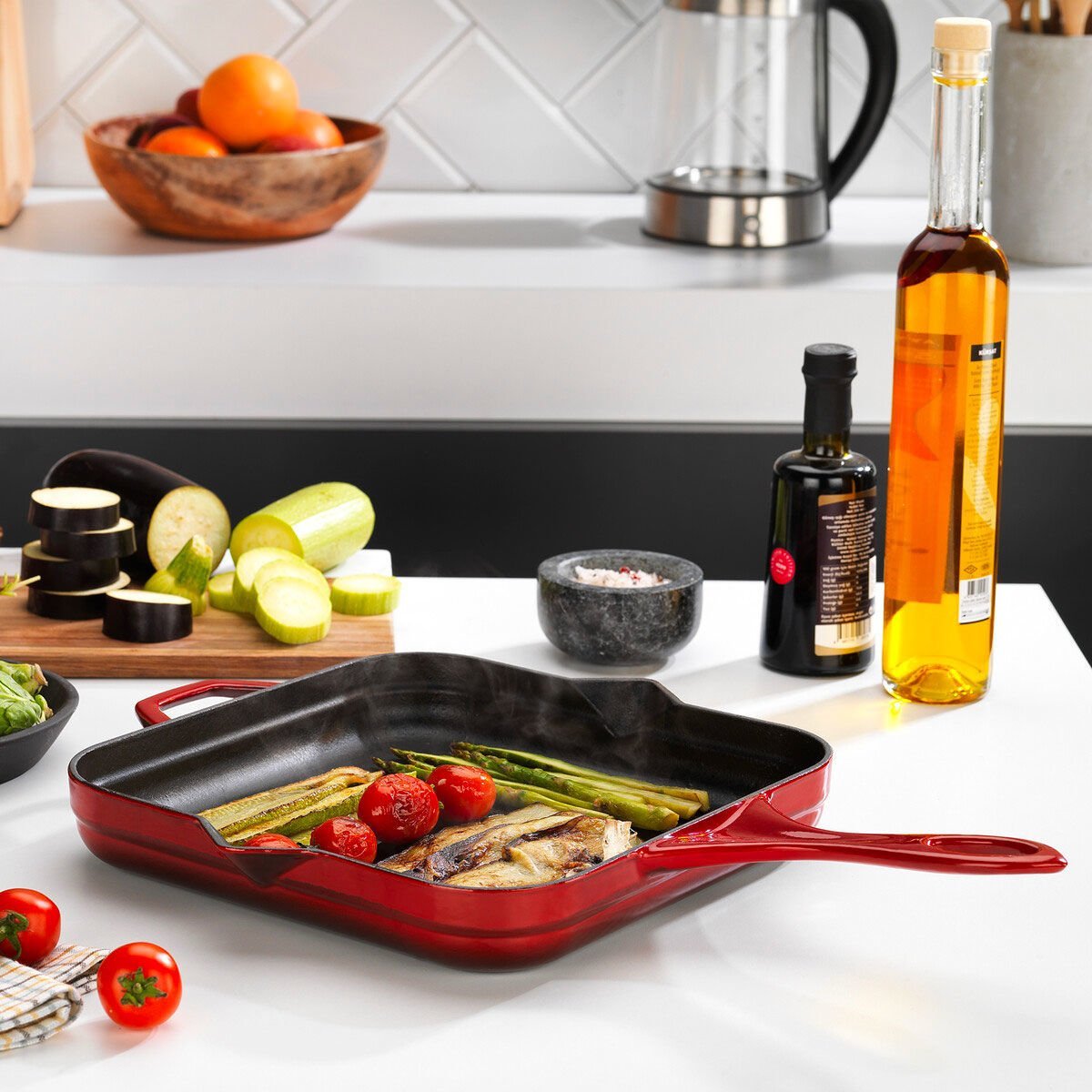 Schafer Guss Chef Döküm Kare Grill Tava Yardımcı Kulplu 28x28cm-1 Parça-Kırmızı