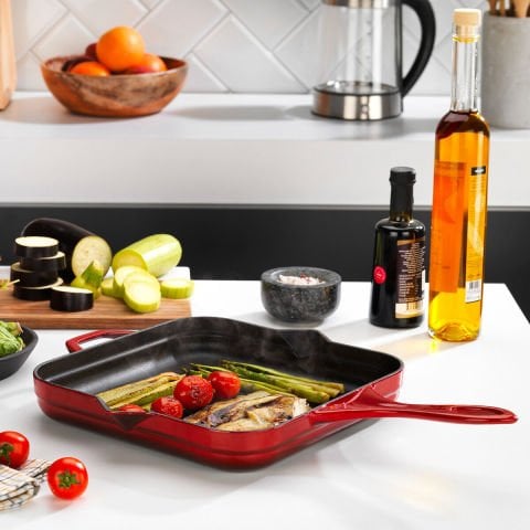 Schafer Guss Chef Döküm Kare Grill Tava Yardımcı Kulplu 28x28cm-1 Parça-Kırmızı