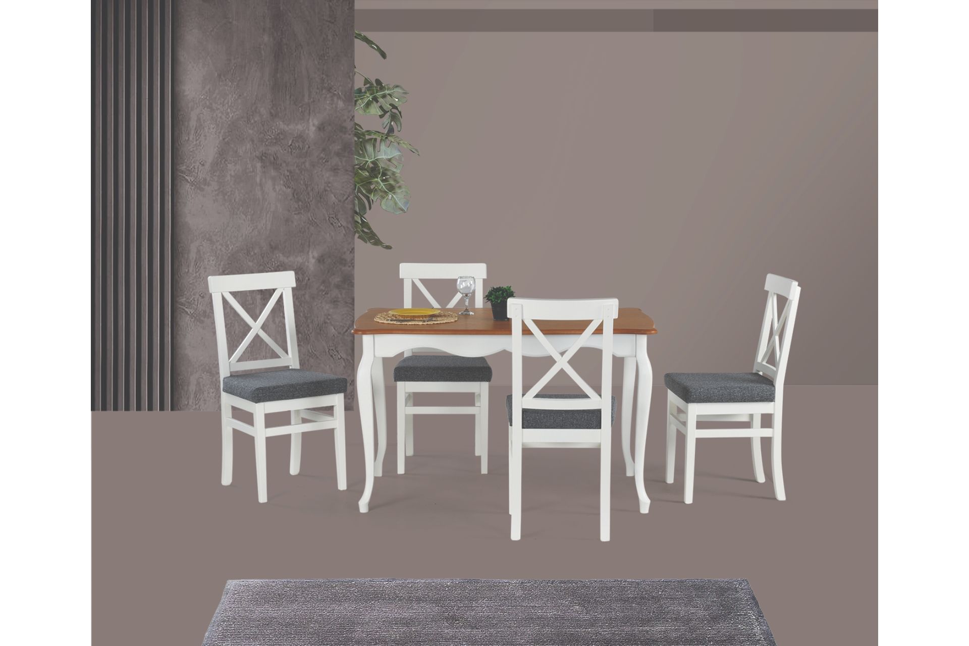 ADA LÜKENS MASA VE ÇAPRAZ DÖŞEMELİ SANDALYE TAKIMI, GRİ EKRU, 125x80