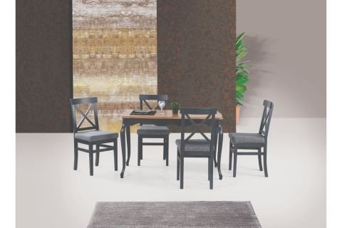 ADA LÜKENS MASA VE ÇAPRAZ DÖŞEMELİ SANDALYE TAKIMI, MEŞE ANTRASİT, 125x80