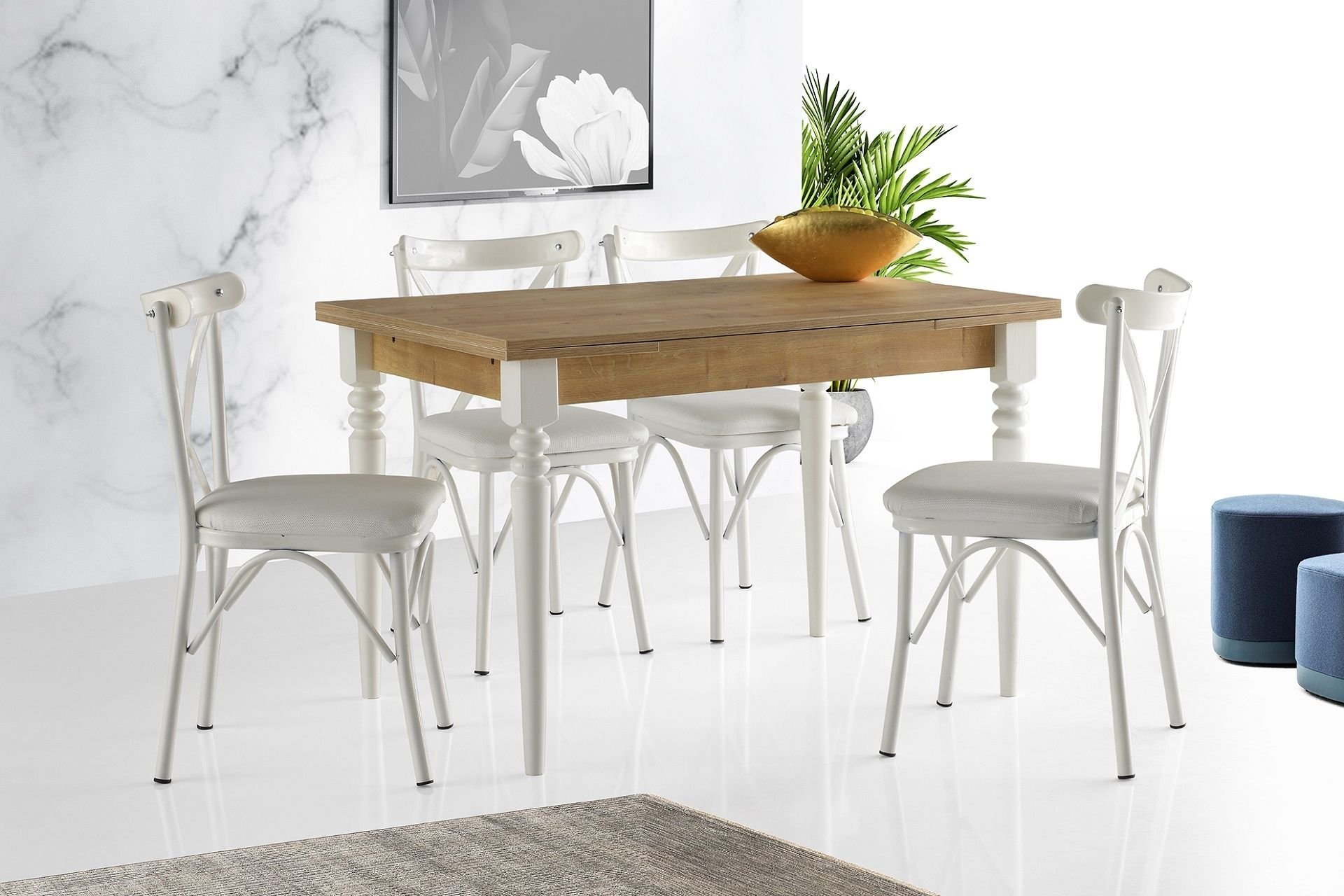 ANZİO MASA VE BAHAR ÇAPRAZ SANDALYE TAKIMI, BEYAZ, 110x70