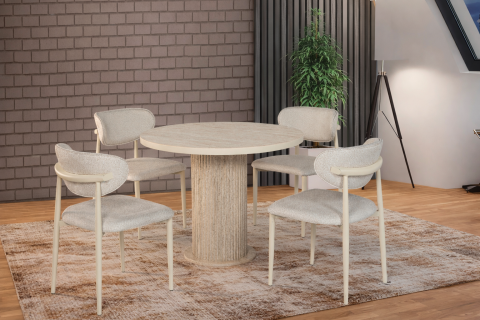 YUVARLAK PTT AYAK MASA, POLO AHŞAP AYAK SANDALYE, TRAVERTEN CAPPUCCİNO, 100x100