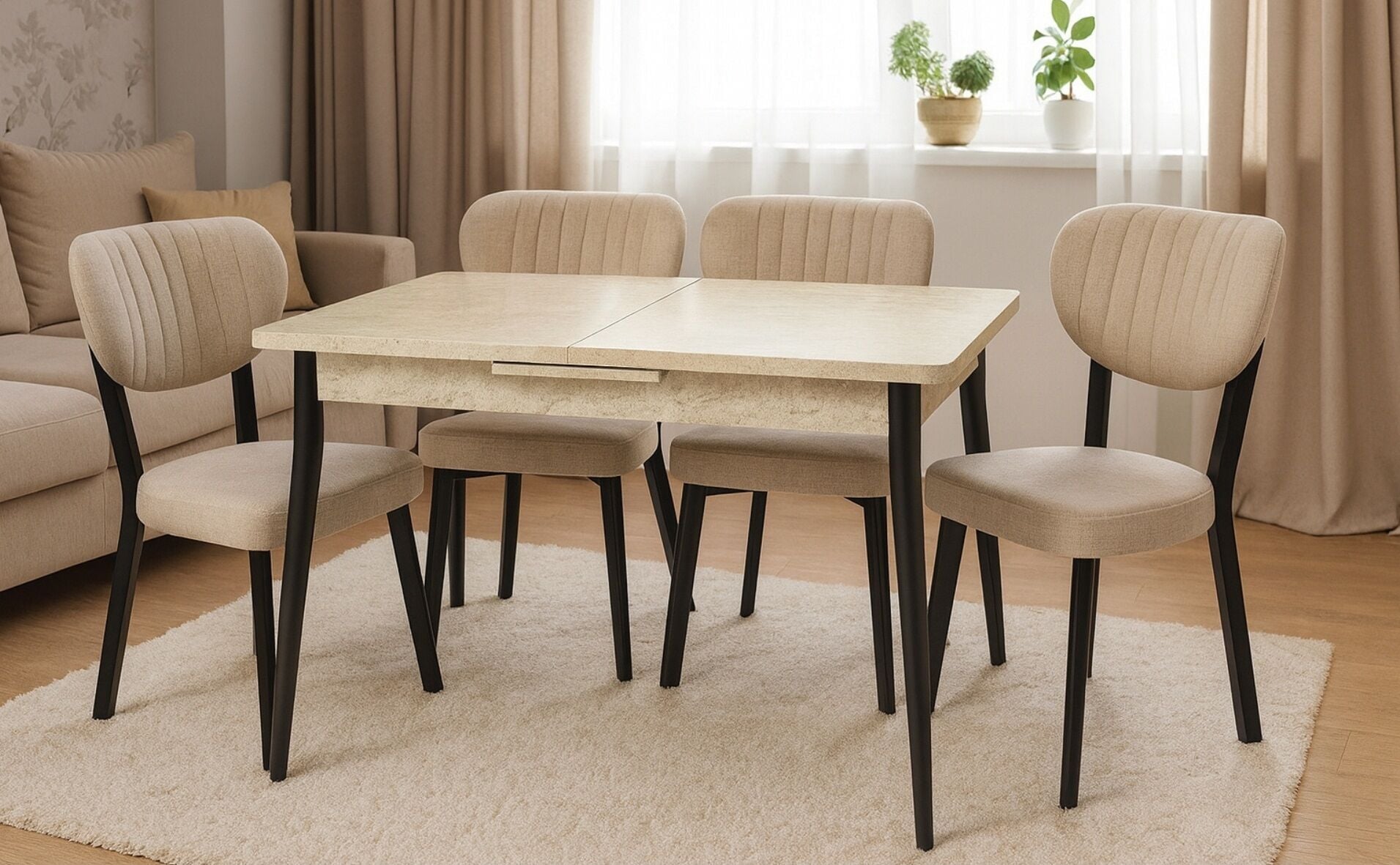 AY 70X120 MASA - ÇAKIL METAL AYAK SANDALYE TRAVERTEN SİYAH