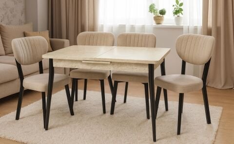 AY 70X120 MASA - ÇAKIL METAL AYAK SANDALYE TRAVERTEN SİYAH