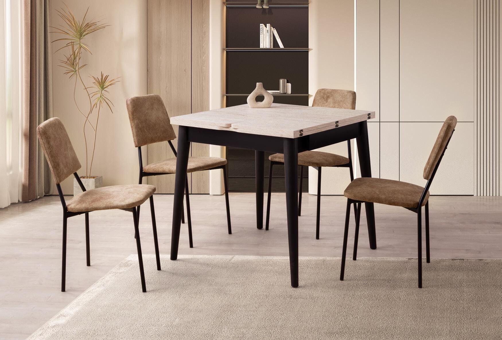 4020 KARTAL KARE MASA+(4) VİVA METAL SANDALYE TRAVERTEN SİYAH