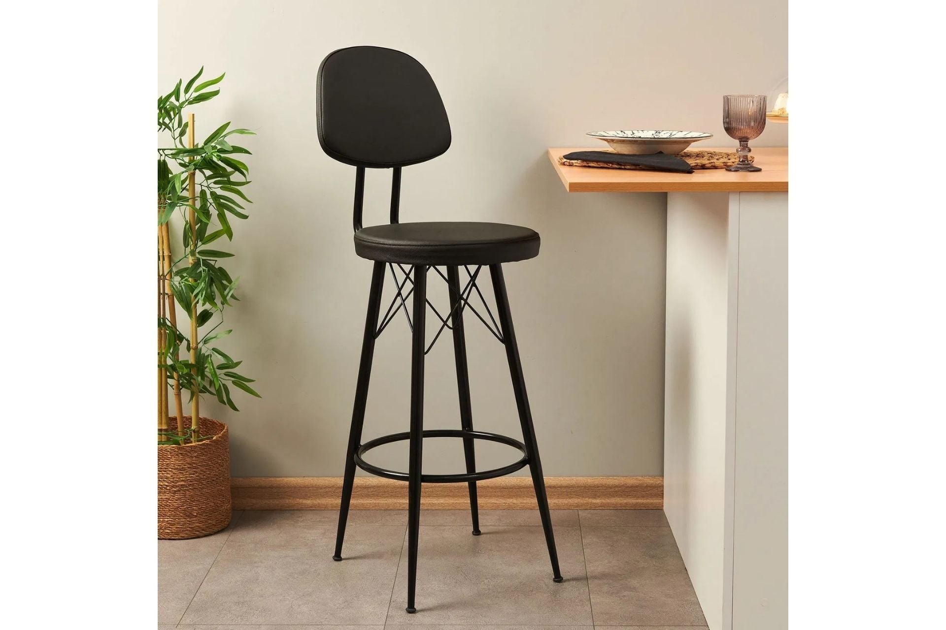 EYFEL 75 LİK BAR SANDALYESİ SİYAH DERİ SİYAH