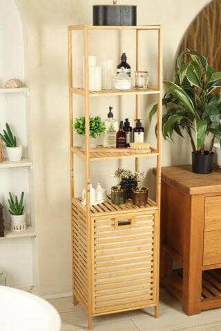 Digithome DB-0009 Kirli Sepetli Dört Raflı Bambu Banyo Düzenleyici