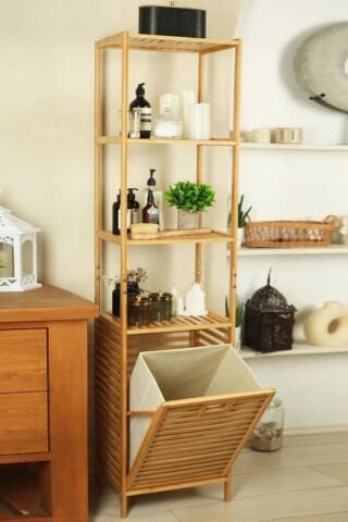 Digithome DB-0009 Kirli Sepetli Dört Raflı Bambu Banyo Düzenleyici