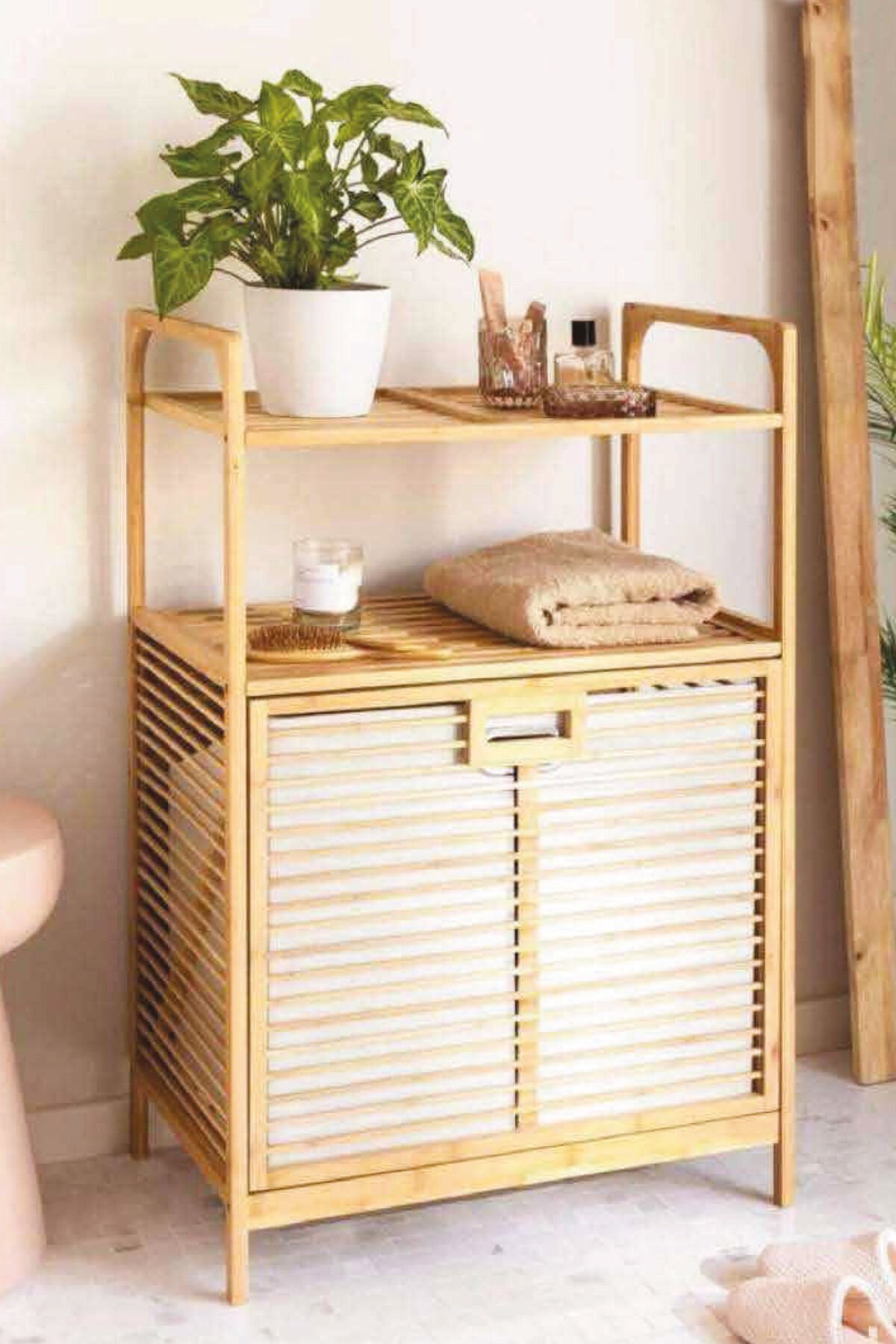 Digithome DB-0004 XL Kirli Sepetli İki Raflı Bambu Banyo Düzenleyici